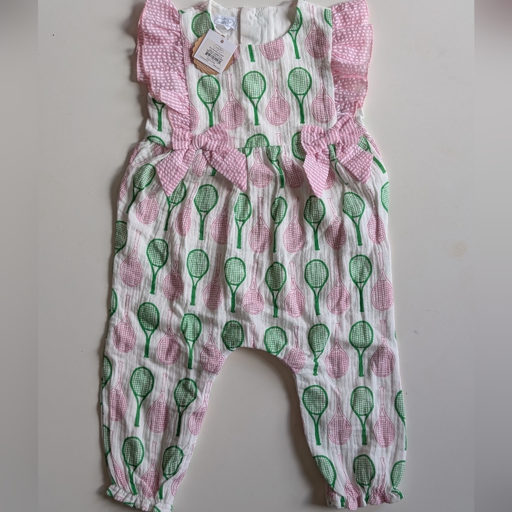 Mud Pie Pink and Green Tennis Racket Romper